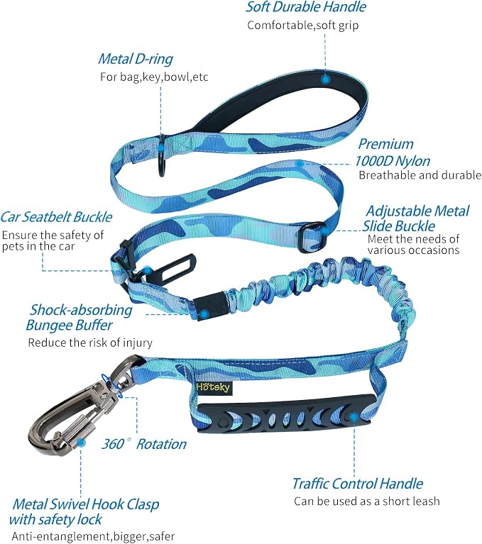 Hotsky Tactical Dog Leash Heavy Duty for Medium Large Dogs that Pull,4-6Ft Strong Bungee Shock Absorbing No Pull Dog Leash with Padded Double Handle and Car Seatbelt,Blue Camo