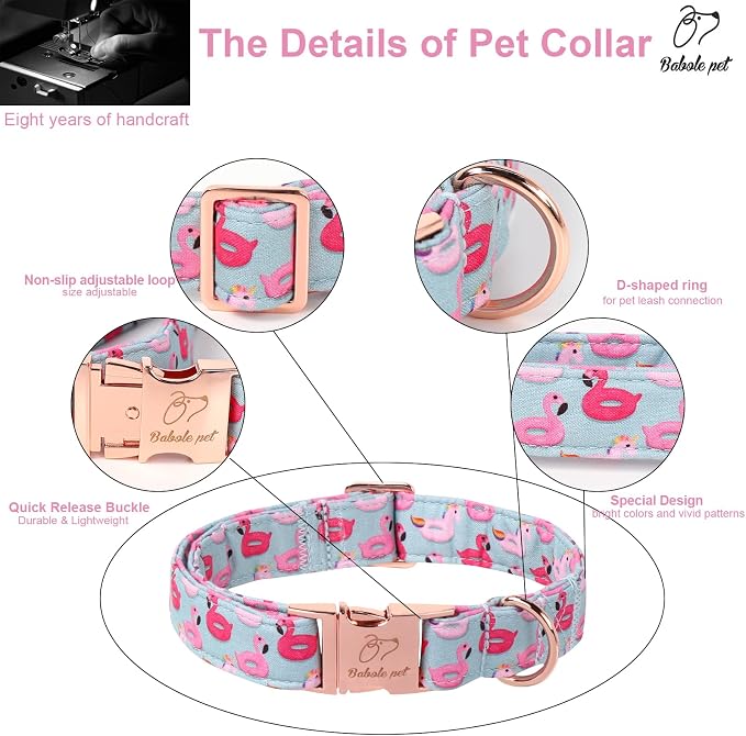 Adjustable Summer Dog Collar - Cute Pink Flamingo Dog Collars for Large Dogs, Durable Boy Girl Dogs Heavy Duty Metal Buckle Collar L
