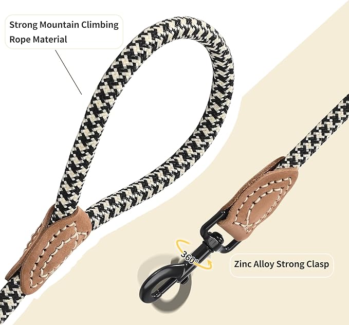 Mile High Life Rope Leash with Genuine Leather Connection, 6 FT/5 FT/4 FT, Heavy Duty Leash for Medium & Large Dogs (Black Khaki, 72 Inch)