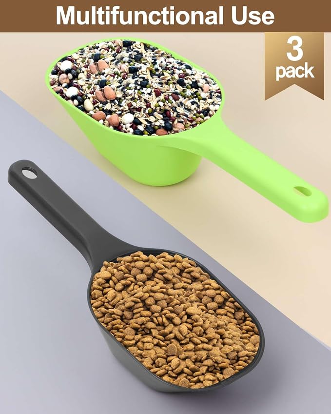 3PACK Dog-Cat Food-Scoop Measuring-Cup,1 Cup Capacity Versatile Plastic Pet Food Scoop with Measuring Lines 1 Cup and 1/2 Cup for Precise Portion Control (Black, Grey and Green)