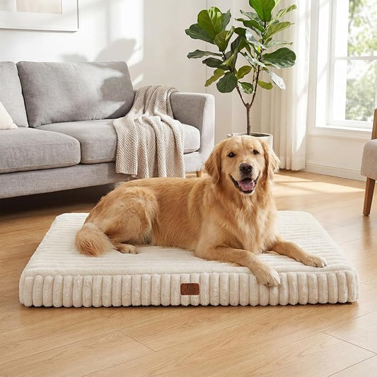 Orthopedic Dog Bed for Large Dog, Waterproof Pet Bed for Crate,Non-Slip Bottom and Egg-Crate Foam with Removable Washable Cover Crate Bed,Cream,35"x22"x3"