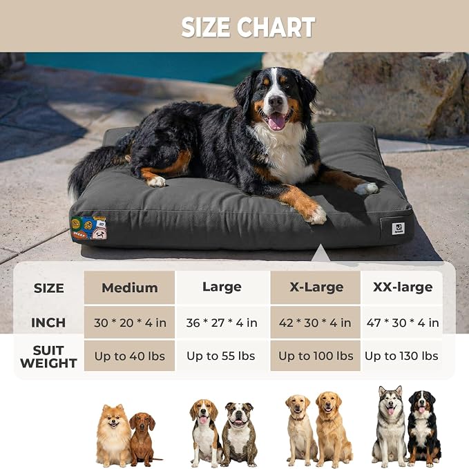 Sytopia 47 Inch Canvas Outdoor Dog Bed for XXL Dogs, Durable Dog Bed with Waterproof Washable Removable Cover, Great Gift for Pets, Indoor Patio Pet Pad for Crate, Dark Grey