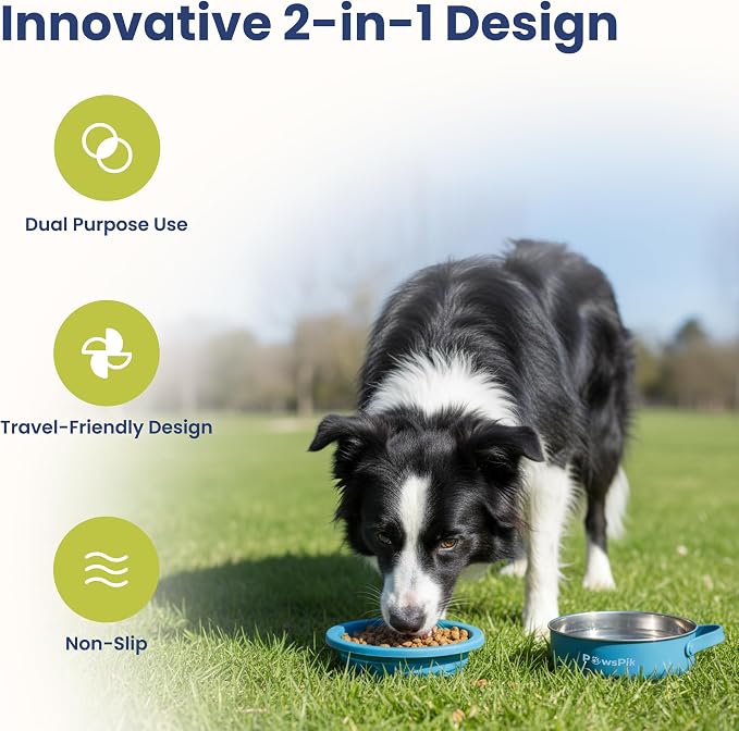 PawsPik 2-in-1 Travel Dog & Cat Bowl – Collapsible BPA-Free Silicone & 18/8 Stainless Steel, Portable & Non-Slip with Handle, Easy to Clean, Food & Water Bowl for On-the-Go Pets (Midnight Summit Blue)
