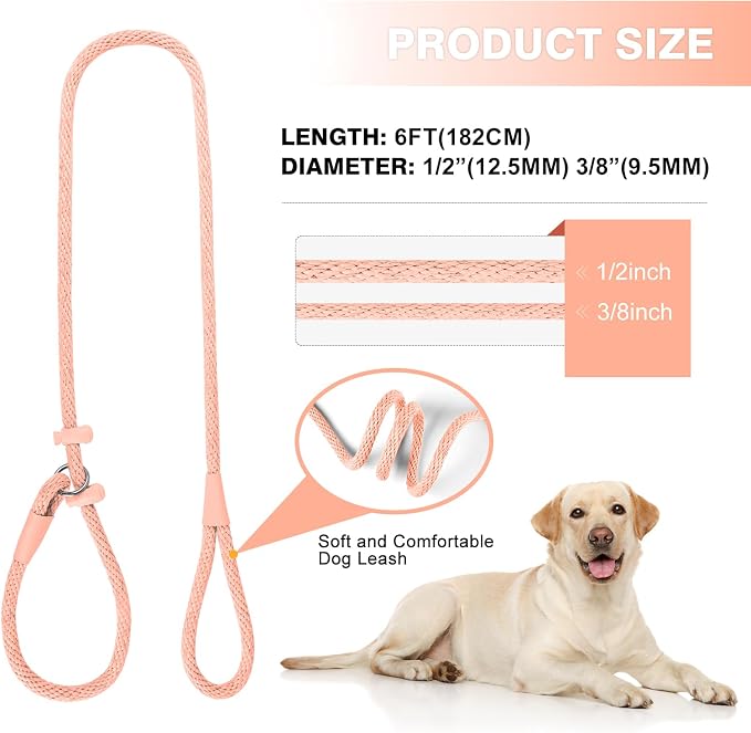 Lynxking Dog Leash Slip Lead Reflective Breathable Rope Comfortable Strong No Pull Slip On Pet Training Lead for Dogs (Pink, Large 1/2 inch x 6ft)