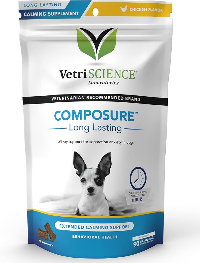 VetriScience Calm & Confident Chews, Composure Clinically Tested Calming and Anxiety Ashwagandha Supplement for Dogs, Stress Relief, Separation Anxiety, Behavior Support, Chicken, 90 Count