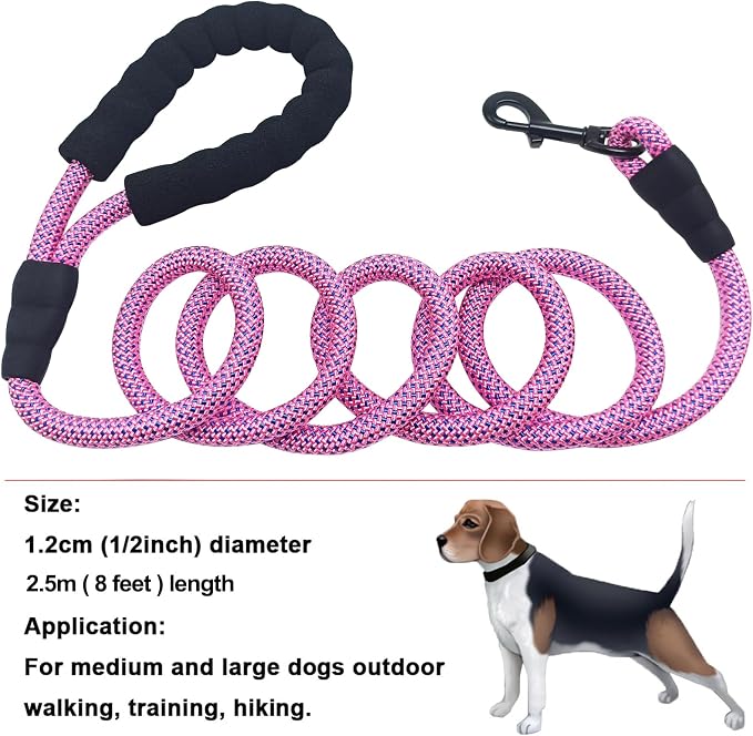 MayPaw Heavy Duty Rope Dog Leash, 3/4/5/6/7/8/10/12/15 FT Nylon Pet Leash, Soft Padded Handle Thick Lead Leashes for Large Medium Dogs (Pink-Blue dot, 1/2" * 8')
