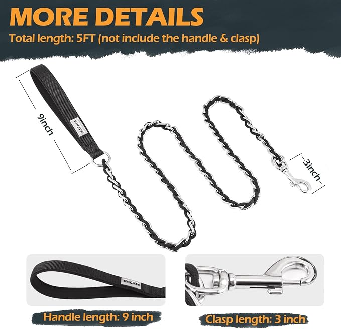 Chain Dog Leash Chew Proof Metal Leash for Medium Large Dogs, Chain Link Dog Anti Chew 5.2FT / 4FT Strong Anti Bite Comfortable Soft Padded Handle (Black, 5FT(80-150lb))