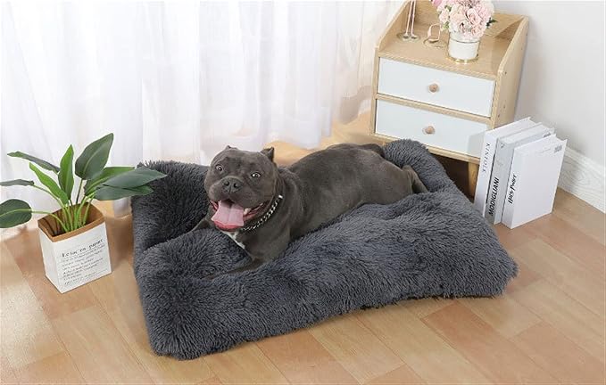 Long Plush Calming Pet Bed Cuddler Pet Bed for Dogs and Cats Fluffy Faux Fur Dog Bed with Anti Slip Bottom Machine Washable Pet Sleep Bed Crate Mat Dark Grey M
