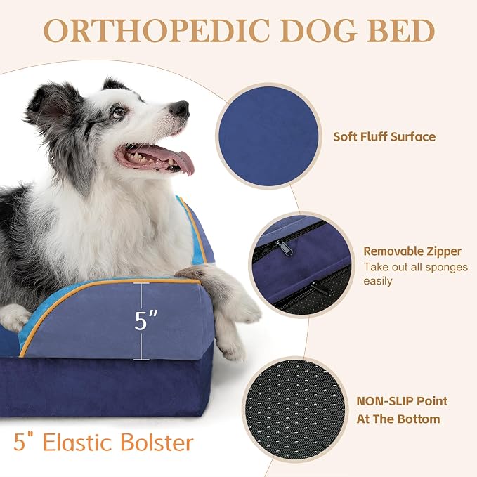 Comfort Expression Orthopedic Dog Bed for Extra Large Dogs 45x35 Inch, Waterproof Egg Crate Foam XL Pet Bed with Bolsters, Dog Couch with Washable Cover & Non-Slip Bottom, Hidden Bay