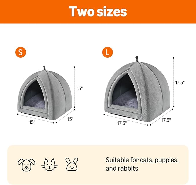 Amazon Basics Cat Cave Bed, 2-in-1 Foldable House for Indoor Cats, with Washable Cushion and Non-Slip Base, 15 x 15 Inches, Small, LightGray