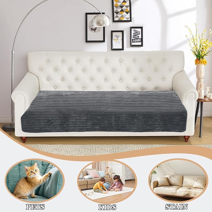NAISI Couch Covers for Dogs Waterproof Flannel Striped Sofa Cover Pet Friendly Washable Dog Mat for Couch Anti Slip Sectional Sofa Slipcover Protector(1pc/35"x 82",Dark Grey)