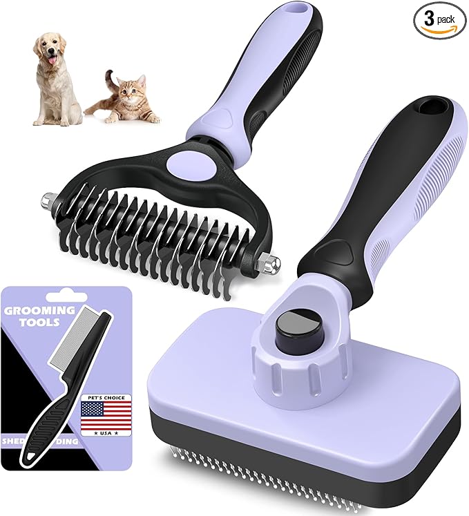 3PCS Self Cleaning Slicker Brush & Pet Grooming Rake & Flea Comb for Dogs,Cats and Horses | Double-Sided Dematting Comb & Skin Friendly Deshedding Grooming Tool | Pet Supplies(Light Purple)