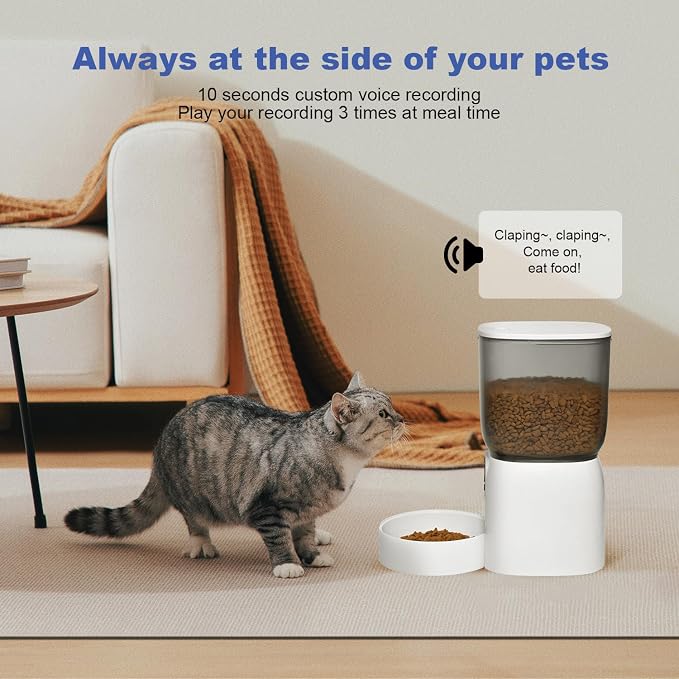 Automatic Cat Feeder, 3L Cat Food Dispenser with 10s Voice Recorder, Pet Feeder up to 8 Meals per Day, Timed Dog Feeder (White-Basic)