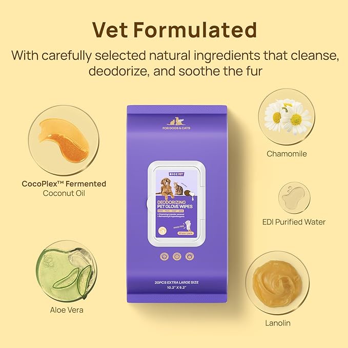 HICC PET Dog Wipes Cleaning Deodorizing Glove Wipes for Dogs, Cats & Horses, Vet Recommended Hypoallergenic Hydrating & Nourishing Pet Wipes for Eyes, Ears, Butt & Paws, No-Rinse, 6pcs Coconut Scent