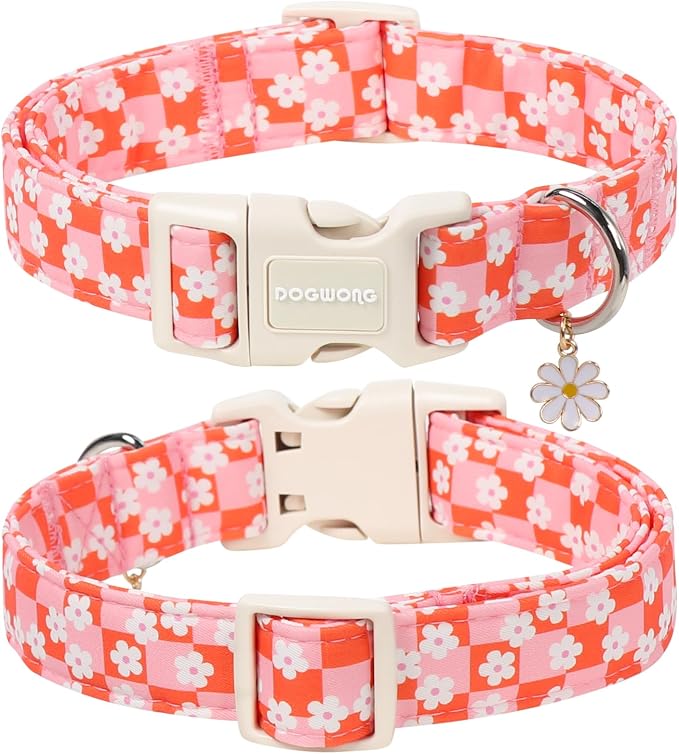 DOGWONG Pink Checked Dog Collar for Large Dogs, Flower Girl Dog Collars, Floral Pink Girly Dogs Collars for Medium Lrage Dogs, Neck 39-60 inches