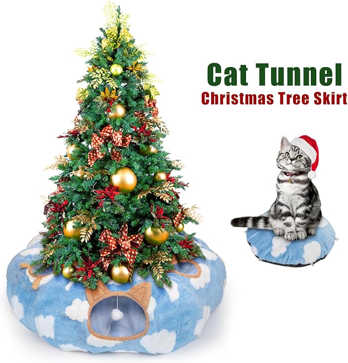 Cat Tunnel Bed, Tunnels for Indoor Cats with Washable Circle Cushion, Multifunctional Peekaboo Cave Donut Tubes Tunnel for Cat Kitty Kitten Puppy Rabbit Ferret (Sky Blue)