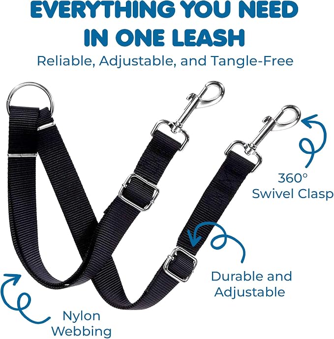 SunGrow 16-24" Adjustable Double Dog Walker Leash, Lightweight Dual Lead with 360° Swivel Zinc-Alloy Clips, Durable Polypropylene Strap, Fits Small to Medium Breeds, Ideal for Daily Walks & Training