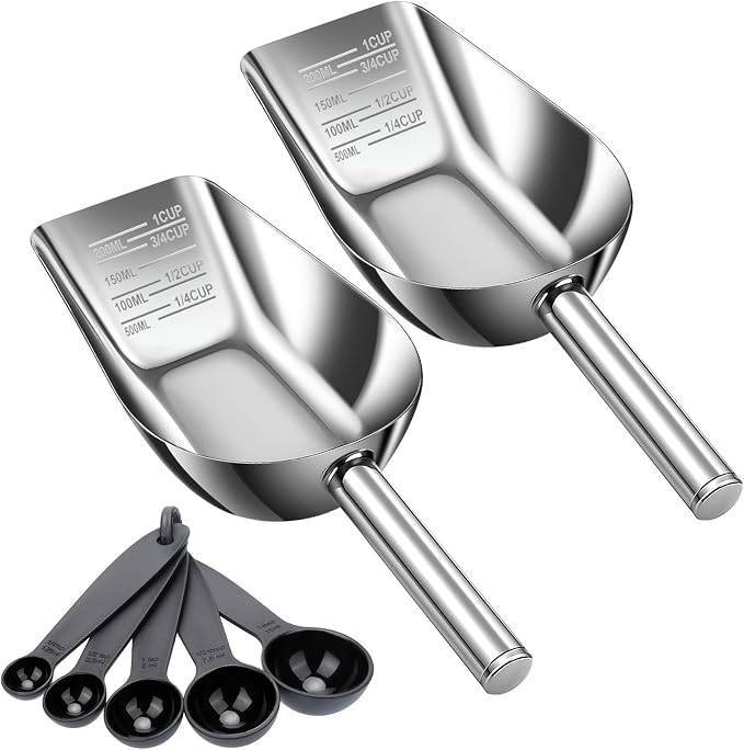 AIERSA 2Pcs Pet Food Scoop & Measuring Cup for Dogs & Cats, Stainless Steel Dog Scoop1 ¾ / ½ / ¼ Cup with Multi-Unit Markings for Precision Feeding, Easy-Clean Metal Food