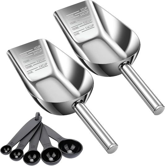 AIERSA 2Pcs Pet Food Scoop & Measuring Cup for Dogs & Cats, Stainless Steel Dog Scoop1 ¾ / ½ / ¼ Cup with Multi-Unit Markings for Precision Feeding, Easy-Clean Metal Food