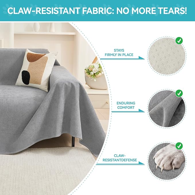 Warmstar Couch Protector from Cat Claws, Waterproof Couch Cover Anti Slip,Couch Cover 3 Cushion Sofa Washable,Anti-Scratch Pet Sofa Cover Heavy Duty,91"X118", Grey