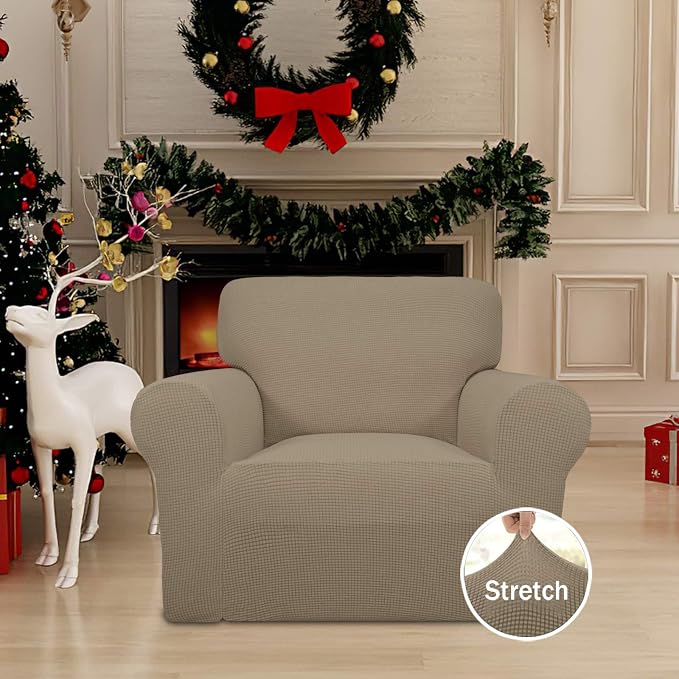 Easy-Going Stretch Chair Sofa Slipcover 1-Piece Couch Sofa Cover Furniture Protector Soft with Elastic Bottom for Kids, Pet. Spandex Jacquard Fabric Small Checks (Chair, Natural)