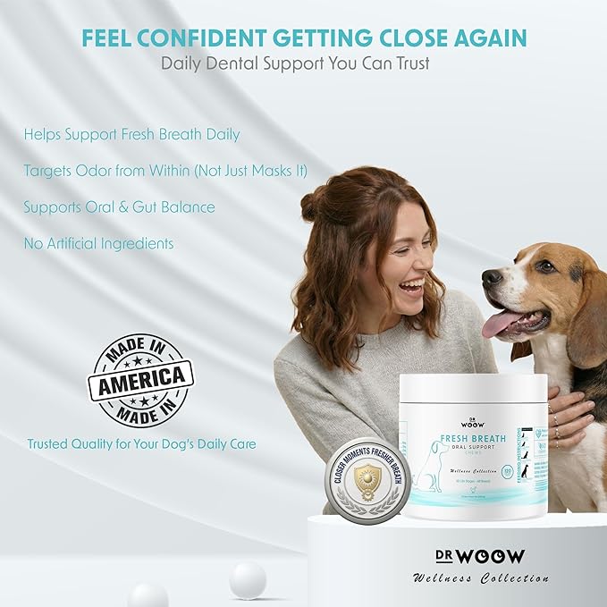 Fresh Breath Dental Chews for Dogs (120 Soft Chews) – Oral Care & Bad Breath Support – Turkey Tail Mushroom, Parsley & Kelp – Daily Teeth & Gum Support – Made in USA – Dr. Woow