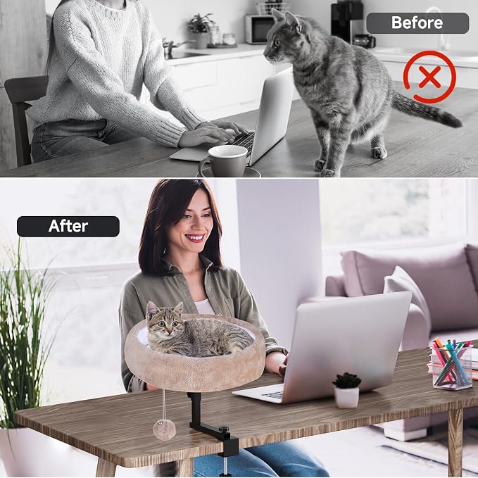 Chumajor Cat Desk Bed - 360° Rotating & Adjustable, Supports 50 lbs, Soft Faux Fur with Dual-Sided Reversible Mat, Modern Indoor Cat Nest Furniture for Office Desks and Game Tables, Island Table
