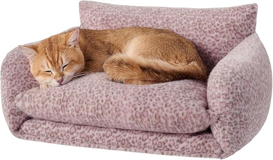 Hollypet Cat Bed Fluffy Plush Multifunctional Double-Layer Machine Washable Soft Warming Kitty Pet Couch Orthopedic Nest Beds for Small Cats Kitten and Dogs up to 13lbs, Pink Leopard(21x15x8 inch)