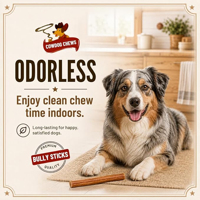 Cowdog Chews Beef Bully Stick: Odor-Free, Fully Digestible Beef Collagen Chews (5-7", 25 Count) - Natural, Grain-Free, Long-Lasting Collagen Bully Stick Substitute for All Dog Breeds