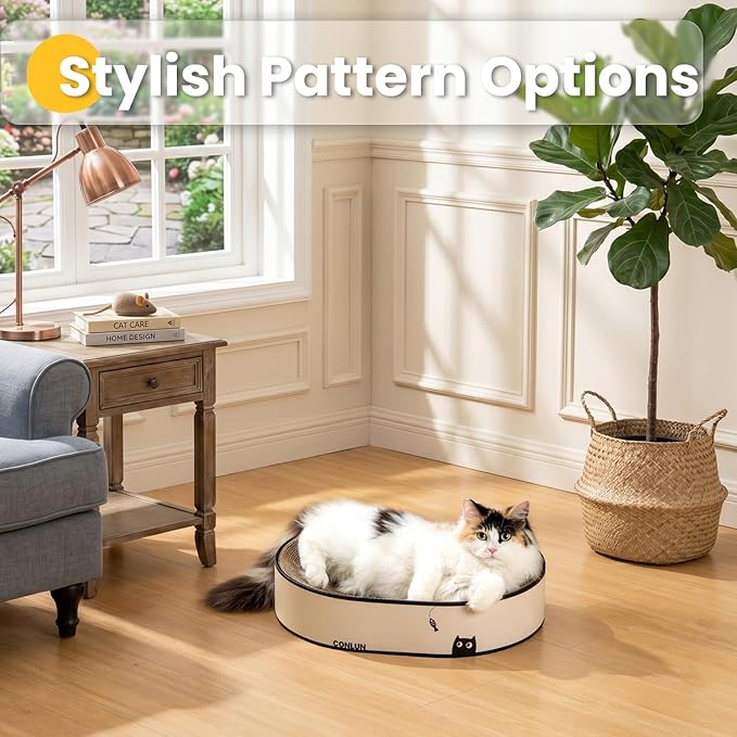 Conlun Oval Cat Scratcher Bed, 2-in-1 Cat Scratching Board, Natural Corrugated Cardboard Scratch Pad Lounge, Sealed Base Traps Debris,No Assembly Kitty Furniture,Stylish Colors Blends Any Home Decor