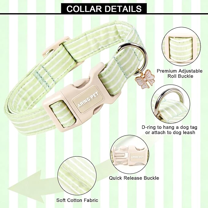 ARING PET Stripe Dog Collar, Cute Spring Summer Green Stripe Pet Collars with Bow Charm for Puppy Small Medium Large Boy Girl Dogs-L, for Daily Outdoor Walking Training