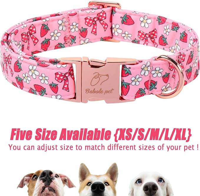 Strawberry Bow Dog Collar, Spring/Summer Pink Girl Dog Collars, Adjustable Heavy Duty Girly Female Dogs Collars for Small Medium Large Dogs with Metal Buckle L