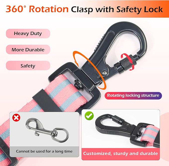 Dog Leash for Large Dogs, Double Handle Heavy Duty Adjustable Leash with Soft Padded Handles, Traffic Control Training Lead for Walking, Running (Pink & Grey Stripe, 4 ft)