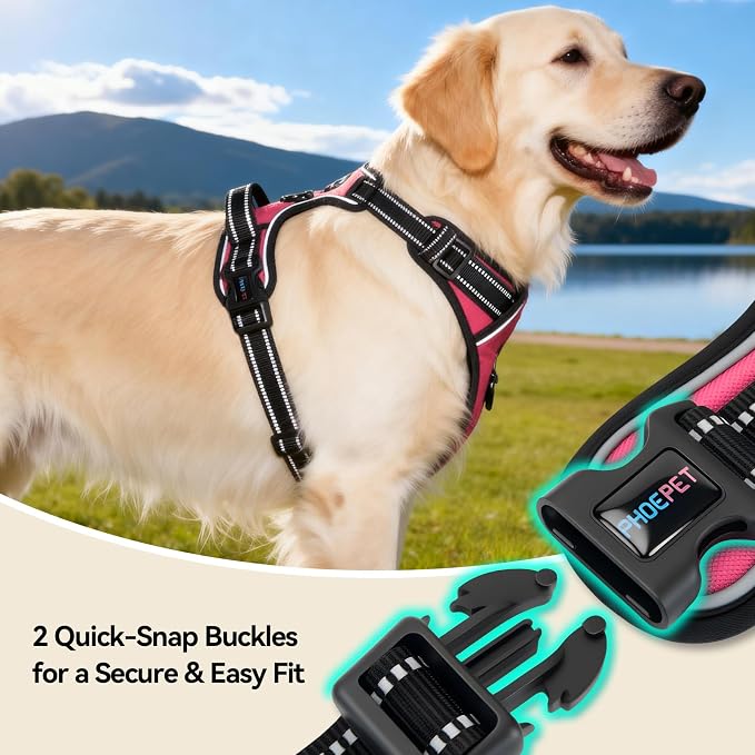 PHOEPET No Pull Dog Harnesses for Small Puppies Reflective Adjustable Front Clip Vest with 2 Metal Leash Attachment Hooks Soft Handle(S, Pink)
