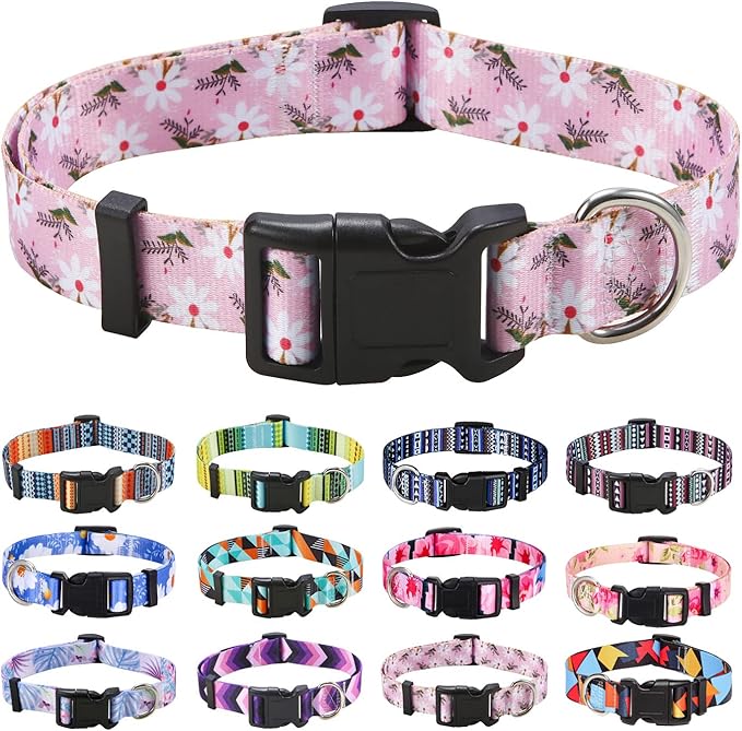 Mihqy Dog Collar with Bohemia Floral Tribal Geometric Patterns - Soft Ethnic Style Collar Adjustable for Small Medium Large Dogs (Pink White Flower,M)
