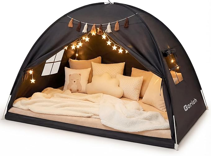 Gorich Twin Bed Tent for Kids, Indoor Privacy Toddler Sleeping Canopy with Mesh Window, Fits Bunk or Floor Bed, Include Star Lights & Tassels, Cozy Playhouse for Boys Girls Birthday
