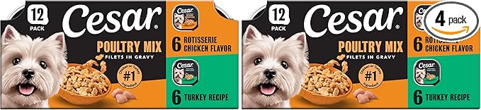 Cesar Filets in Gravy Adult Wet Dog Food Variety Package,Poultry Lovers with Rotisserie Chicken Flavor and Turkey Recipe,3.5 oz. Easy Peel Trays,12 Count (Pack of 4)