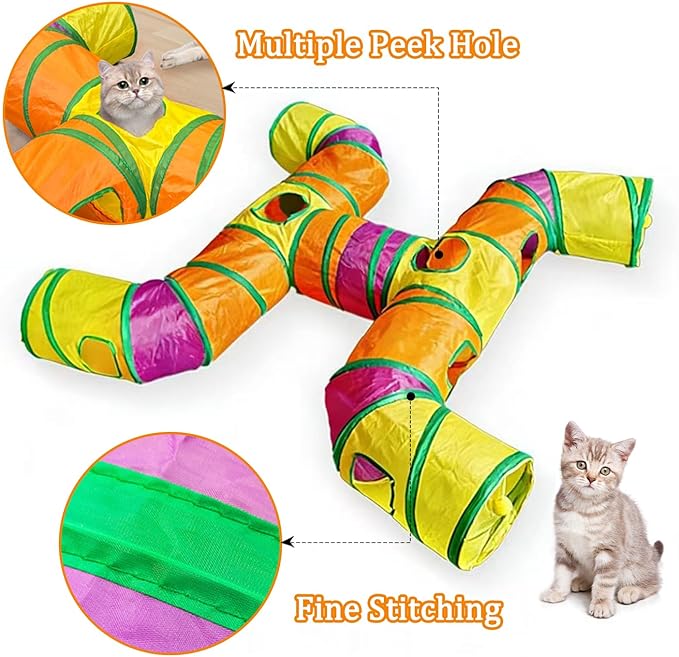 4-Way Large Cat Tunnel, H Shape Cat Tube Toy with Interactive Playing Balls, Peek Hole for Indoor Cats, Kitten, Kitty, Puppy, Rabbit (Multicolor)