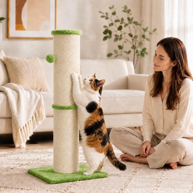 PAWSCRAT Cat Scratching Post 32 Inch High, 5.5 Inch Large Diameter Natural Sisal Cat Scratch Post, Scratch-Resistant and Durable Tall Cat Scratcher for Indoor Cats, Green
