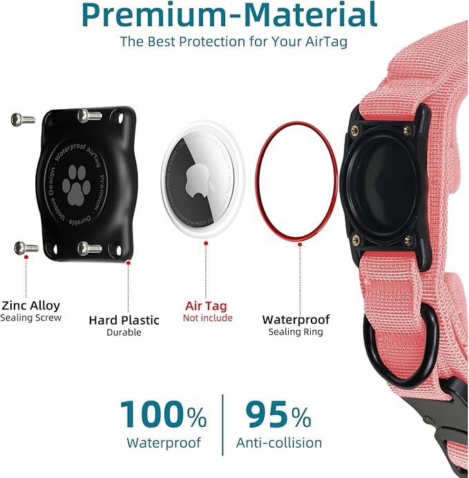 Tactical AirTag Dog Collar, 100% Waterproof Integrated Apple Air Tag Dog Collars with Hard PC AirTag Holder, Adjustable Military Collar with Handle, GPS Dog Collar for Medium Large Dogs(Pink,L)