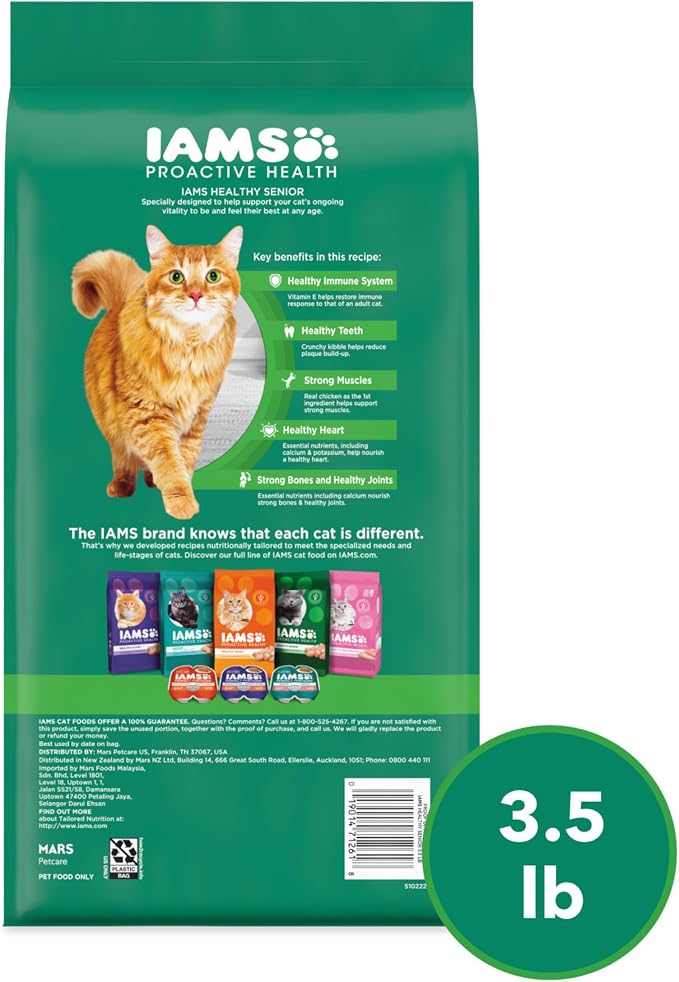 IAMS Proactive Health Senior Dry Cat Food, Cat Food Dry Chicken Recipe, Real Chicken in Every Bite, 3.5 Lb. Bag
