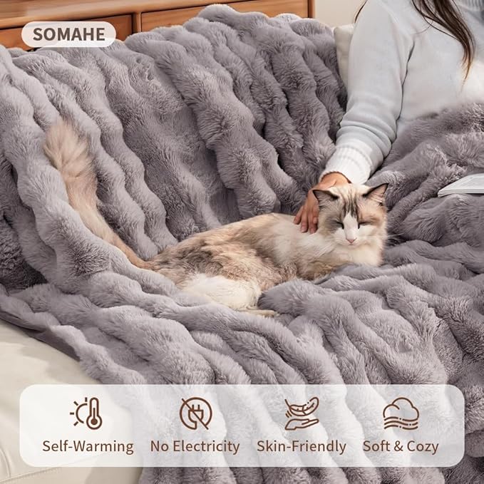 SOMAHE Cat Blanket, Reversible Sherpa & Bubble Fleece Pet Throw, Ultra-Soft Plush for Indoor Cats, Machine Washable, Anti-Static, Warm & Cozy, 22"×18" Inch Gray
