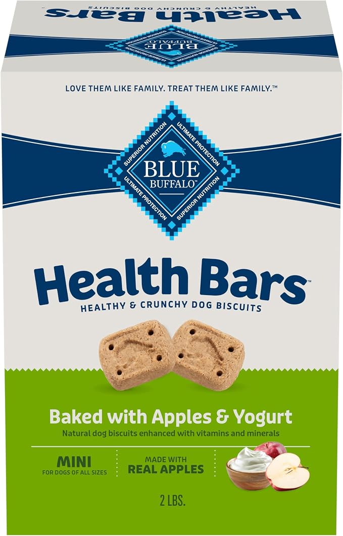 Blue Buffalo Mini Health Bars Apples & Yogurt Crunchy Dog Biscuits, Bite-Sized for Training, Oven-Baked with Real Apples & Natural Ingredients, Healthy Dog Treats, Box 2 lbs.