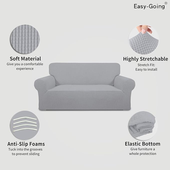 Easy-Going Stretch Oversized Loveseat Slipcover 1-Piece Sofa Cover Furniture Protector Couch Soft with Elastic Bottom for Kids Polyester Spandex Jacquard Fabric Small Checks Silver Gray