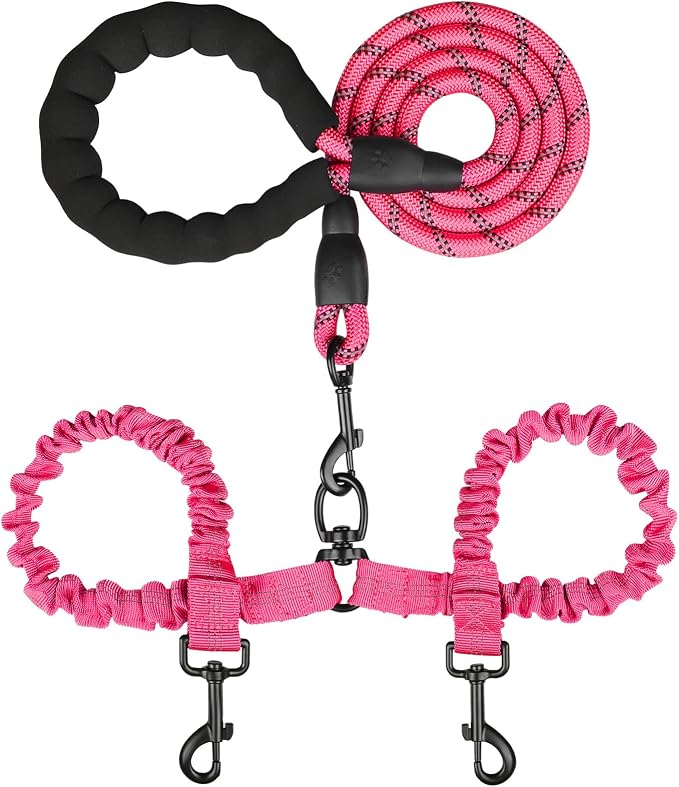 MingXpets Double Dog Leash, Dual Dog Leash, 360° Swivel Tangle Free Bungee Walking Training for Large Medium Dogs, Shock Absorbing Bungee Reflective for Two Dogs, 18~120 lbs, Pink