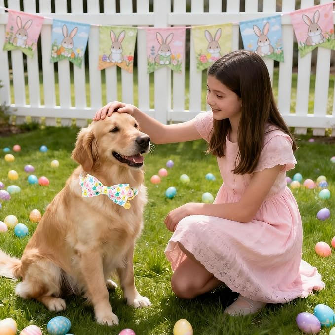 Easter Dog Collar with Bow Tie, Cotton Bunny Bowtie for Large Girl Boy Dog, Cute Rabbit Pet Collar with Metal Buckle, Gift, XS