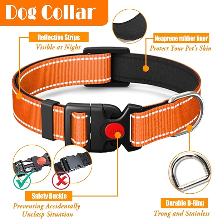 LOBEVE No Pull Dog Harness, Collar & Leash Set | Includes Dog Seat Belt, Collapsible Bowls & Poop Bag Dispenser. Ideal for Training, Walking, Hiking. Fits Small to Large Dogs(Orange-M)