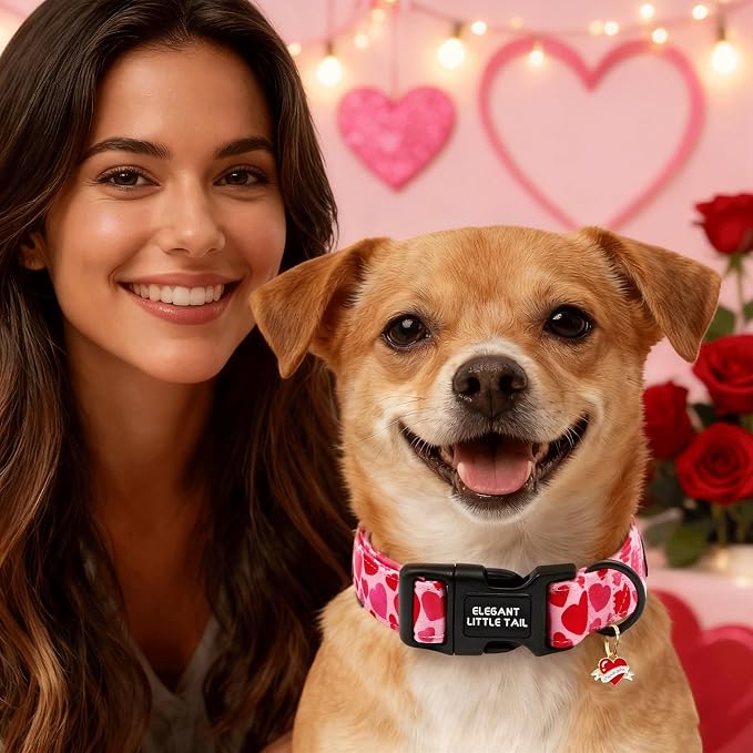Elegant little tail Valentine's Dog Collar - Red Heart Dog Collars Cotton Puppy Adjustable Pet Collars with Sturdy Quick Release Buckle for Medium Dogs