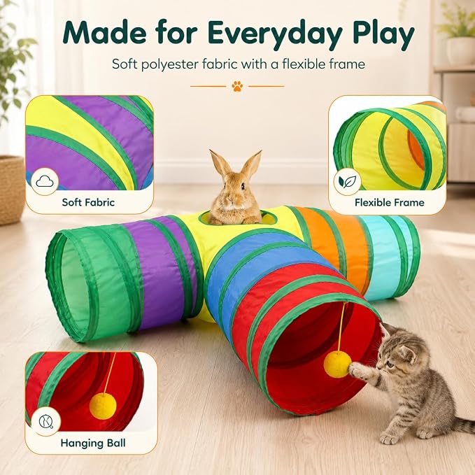 Rabbit Tunnel Collapsible 3 Way Tunnels and Tubes with Interactive Ball Bunny Hideout - Small Animal Activity Tunnel Toys for Dwarf Rabbit, Guinea Pig, Kitty
