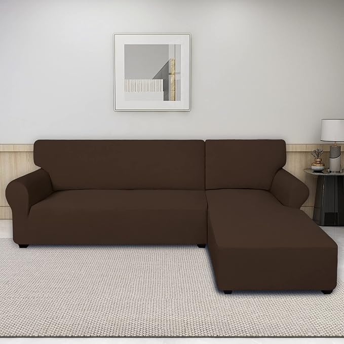 PureFit Super Stretch Sectional Couch Covers - 2 pcs Spandex Non Slip Sofa Covers with Elastic Bottom for L Shape Sectional Sofa Couch, Great for Kids & Pets (3 Seat Sofa + 3 Seat Chaise, Coffee)